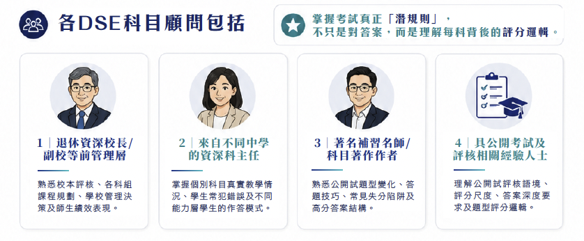 各 DSE 科目顧問包括：退休資深校長／副校、資深科主任、著名補習名師／科目著作者、具公開試及評核經驗人士